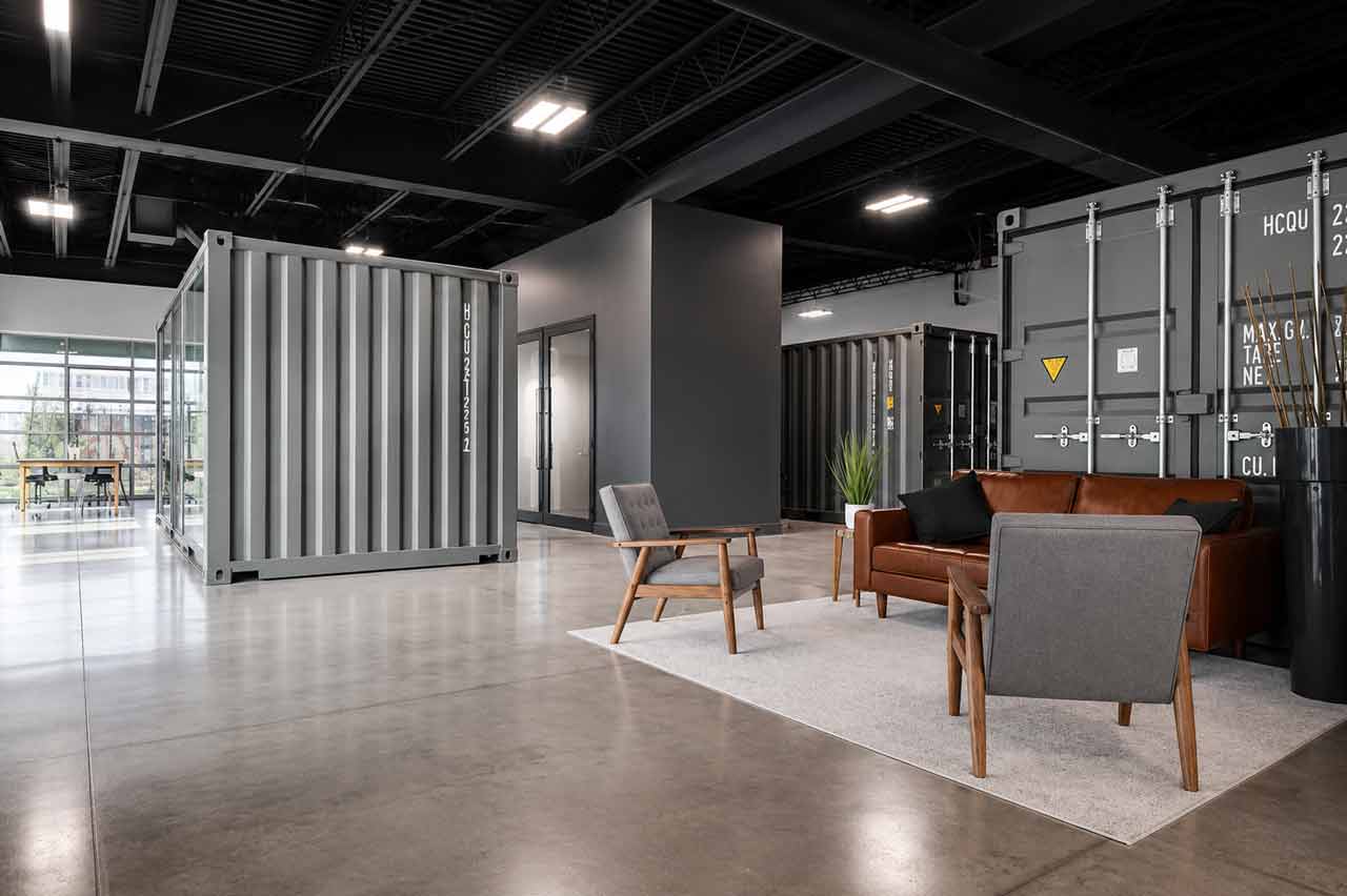 The Industry coworking space built from repurposed shipping containers in Bonita Springs, Florida, designed and built by Fort Construction